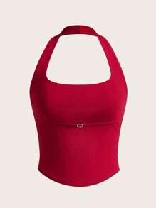 SHEIN ICON Women's Solid Color Red Cut Short Slim Fit Casual Halter Neck Top Easter Ibiza Airport For Summer