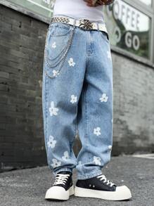 Manfinity EMRG 男士花卉印花口袋宽松休闲牛仔裤 - 淺色水洗藍 - 查看 6