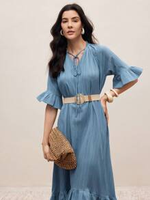 Modelyn Vestido con cuello en V con volantes para mujer, estilo de vacaciones - Azul - Ver 5