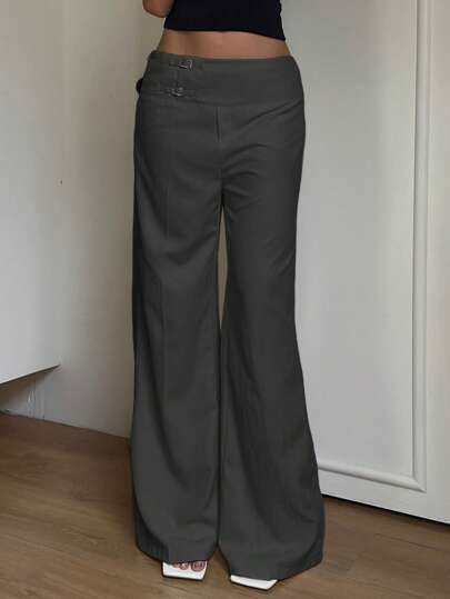 SHEIN EZwear Women's Casual & Commute Dark Grey Low-Waist Wide-Leg Pants