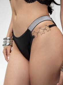 ROMWE Avant Innovative Metallic Star Print Rave Festival Women's Thong Panty - Black - View 5