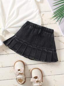 Baby Girl 1pc Black Denim Skirt With Pleats For Summer - Black - View 2