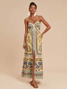 Travachic 女式露背镂空植物印花沙滩吊带裙，不对称前开叉短款 - 彩色 - 查看 4