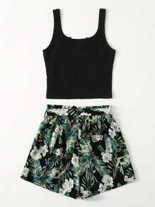 SHEIN Teen Girls Rib Knit Tank Top & Tropical Print Shorts Set,Summer Clothes Holiday Outfits - Multicolor - View 2