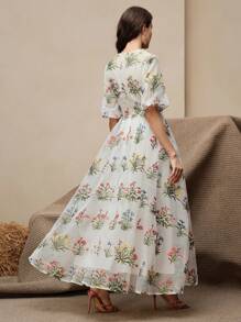 Anewsta Women Elegant Colorful Hollow Embroidered V-Neck Puff Sleeve Cinching Waist-Up Long Dress - White - View 2