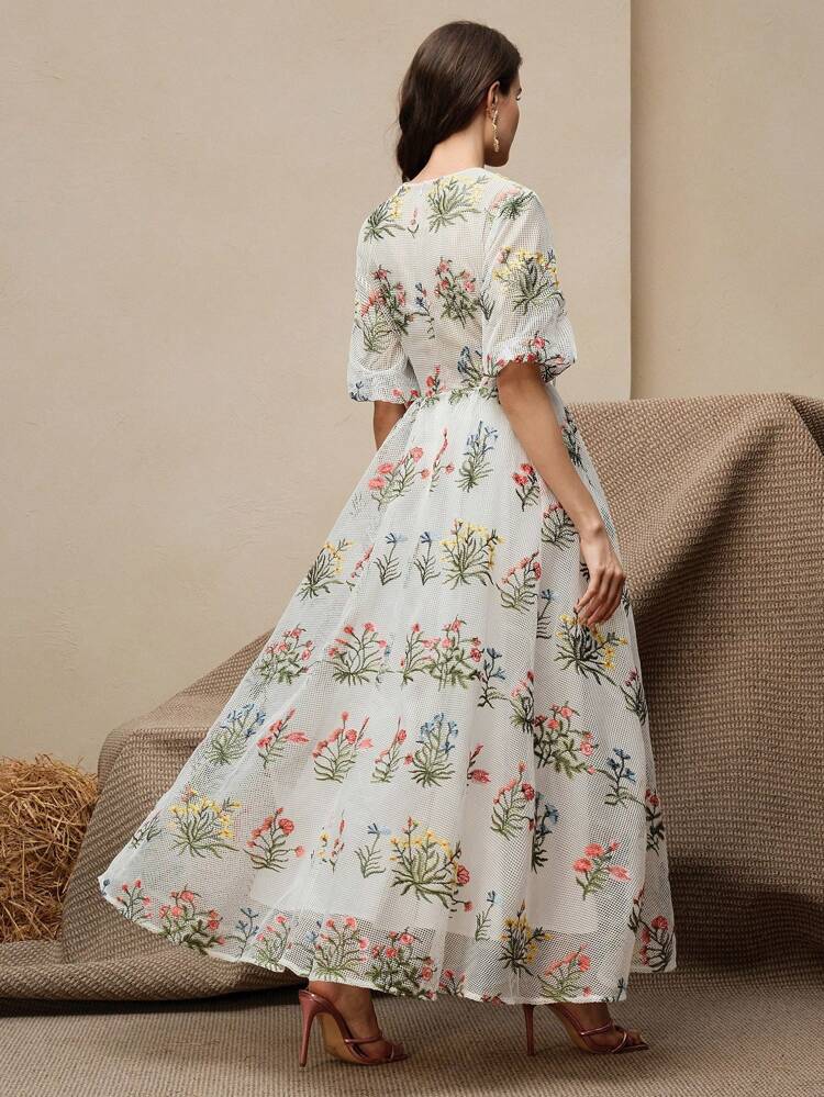 Women Elegant Colorful Hollow Embroidered V-Neck Puff Sleeve Cinching Waist-Up Long Dress