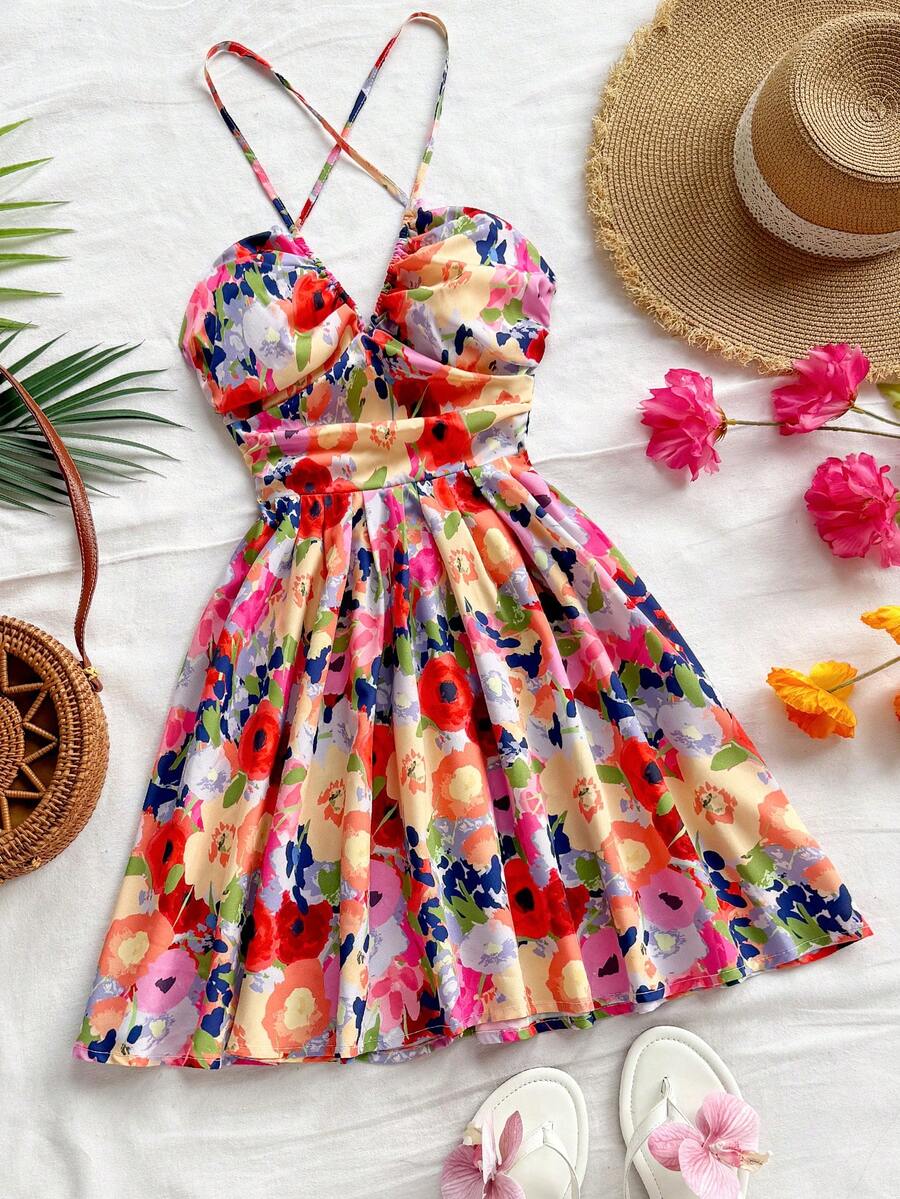 Soleia Váy dài hở lưng chữ V in hoa màu cam đỏ cho kỳ nghỉ của phụ nữ, thích hợp cho bãi biển, đám cưới, lễ hội âm nhạc, mùa hè - Nhiều màu - Xem 1