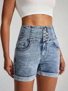 SHEIN EZwear سروال جينز قصير أنيق للسيدات مزود بجيوب وأزرار - أزرق متوسط - مشاهدة 1