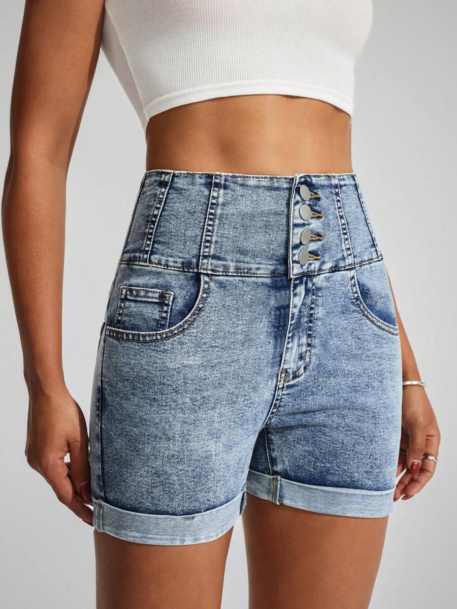 SHEIN EZwear سروال جينز قصير أنيق للسيدات مزود بجيوب وأزرار - أزرق متوسط - مشاهدة 1
