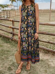 SHEIN LUNE Damen lässiges Paisley Blumen Muster Ärmelloses Kleid mit Taschen, Basic für Alltagstragen & Urlaub, Frühling/Sommer