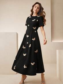 Anewsta Women's Fashion New Short-Sleeve Rhinestone & Sequin Butterfly Elegant Party Dress - Black - View 7