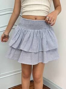 SHEIN Teen Girl Casual Minimalist Comfortable Striped Ruffle Hem Short Skirt