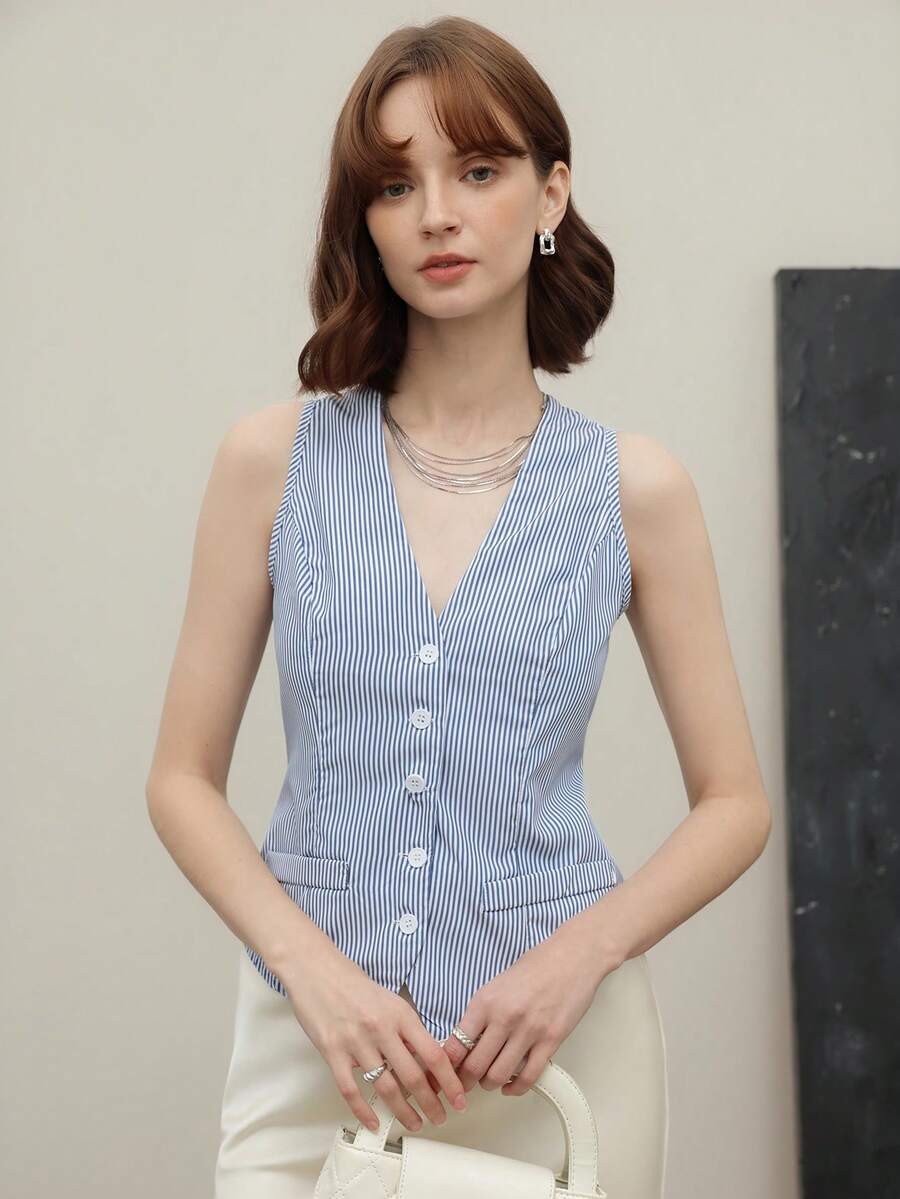 EMERY ROSE Women's Commuter Minimalist Striped Single-Breasted V-Neck Tank Top - Blue - View 1