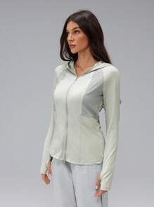 SHEIN Tall Women's Sun Protection Clothing Breathable Slim Quick-Drying UV Protection Hooded Jacket For Outdoor Sports,Hiking,Sage Green,Autumn,Casual,Gym, Tall Women - Green - View 3
