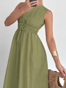 Siren Gaze 女式春夏棉麻无袖 A 字连衣裙 - 綠色 - 查看 4