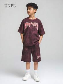 Set de 2 piezas para adolescentes varones: Top de manga corta con estampado de letra efecto tie-dye y shorts
