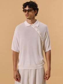 Musero Asymmetrical Button Polo Knit Top Drop Shoulder Knitwear Spring Summer Holiday Vacation - Apricot - View 1