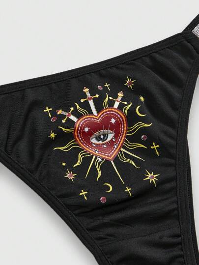 Goth Vintage Gothic Mori Girl Crystal Teardrop Embroidered Eyeshadow Bra Set With Rhinestones, Silver Ribbon, Wireless Bra And Panty