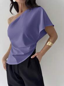 Firerie Blusa modesta, casual y elegante para trabajo y boda, primavera/verano, con un hombro, fruncido, bajo asimétrico, de tela texturizada, color blanco - Neblina azul - Ver 6