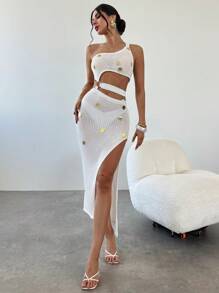 Firerie 女式纯色钩针不对称肩部镂空开叉针织毛衣裙 - 粉色 - 查看 1