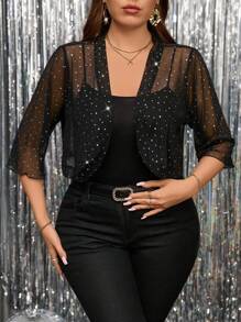 Reflora Plus Size Women Elegant Rhinestone Embellished Sheer Cropped Jacket For Carnival, Autumn Winter Fall - Black - View 1