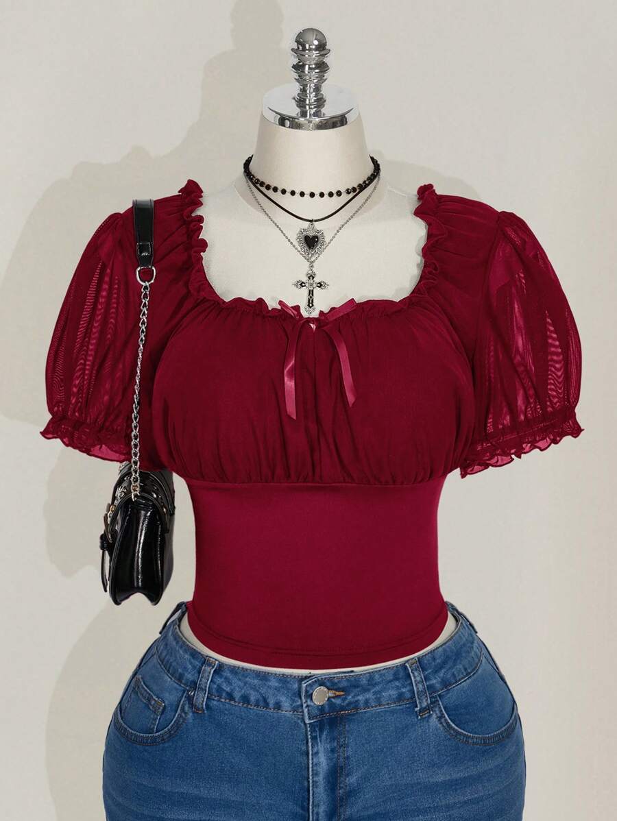 SHEIN ICON Áo thun tay bồng cổ vuông viền lưới xếp nếp cỡ lớn, áo thun mùa hè ngọt ngào - Màu Đỏ Sâu - Xem 1