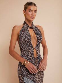 COSMINA 女士优雅雪纺豹纹露背长裙，适合度假春夏季女士连衣裙生日女士夏装 - 彩色 - 查看 5