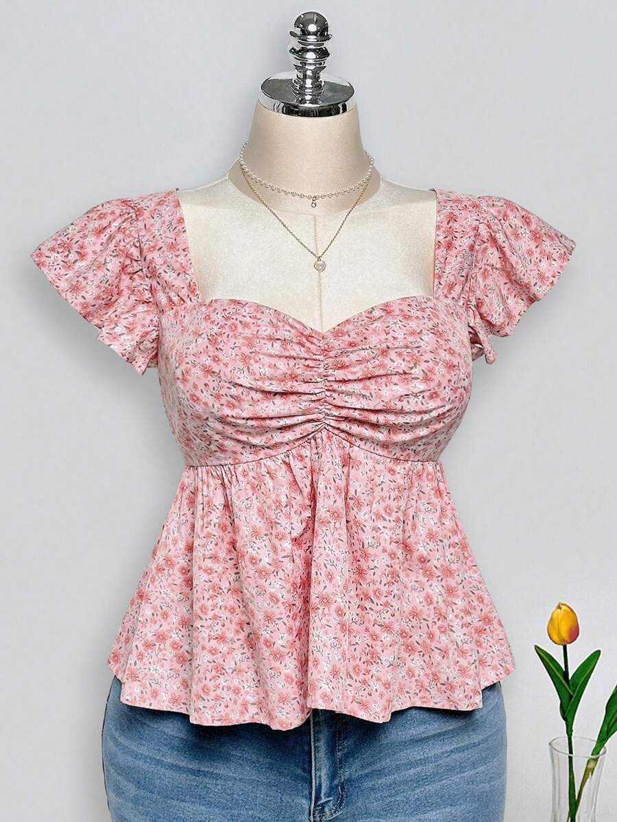 SHEIN ICON Áo Babydoll cỡ lớn có phần ngực nhún bèo, viền bèo nhún và tay áo ngắn bồng bềnh, thích hợp cho mùa hè và kỳ nghỉ - Hồng - Xem 1