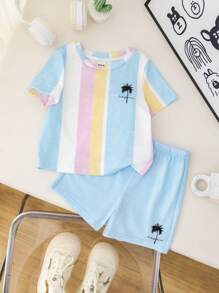 SHEIN Leap Crew 2pcs/Set Baby Boy/Girl Cute Summer Casual Vacation Knit Striped Short Sleeve Top And Elastic Waist Shorts Set - Multicolor - View 3