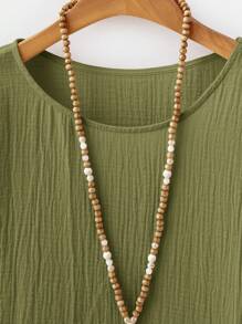 EMERY ROSE 大码荷叶袖口拼接插肩袖皱褶杏色圆领收腰款开叉娃娃领宽松女士束腰衬衫乡村度假休闲波西米亚风适合春夏季 - 軍綠色 - 查看 6