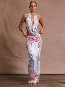 MUSERA Đầm maxi dáng suông, cổ yếm, khoét trước, in họa tiết, chất liệu lưới mềm mại, gợi cảm, thích hợp cho sinh nhật, tiệc tùng, đám cưới, lễ tốt nghiệp, dạ hội, kỳ nghỉ hè, lễ hội, thanh lịch, lãng mạn, lễ hội, bãi biển Ibiza. - Nhiều màu - Xem 5