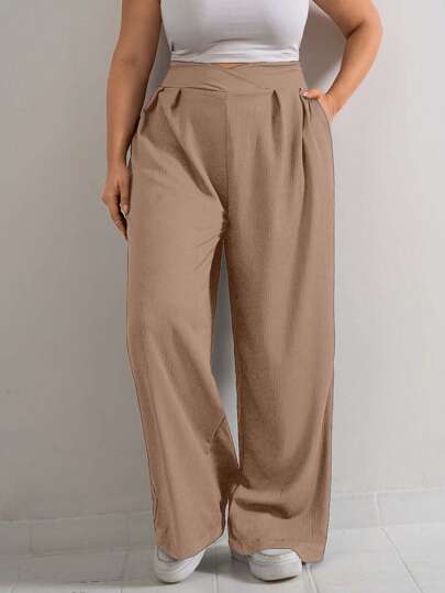 EURMUSE Calça feminina casual plus size, reta, chique, streetwear, versátil, com cinto e detalhes