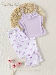 2pcs/Set Tween Girls Ribbed Camisole & Bow Print Elastic Waist Casual Pants Home Outfit - Purple - View 1
