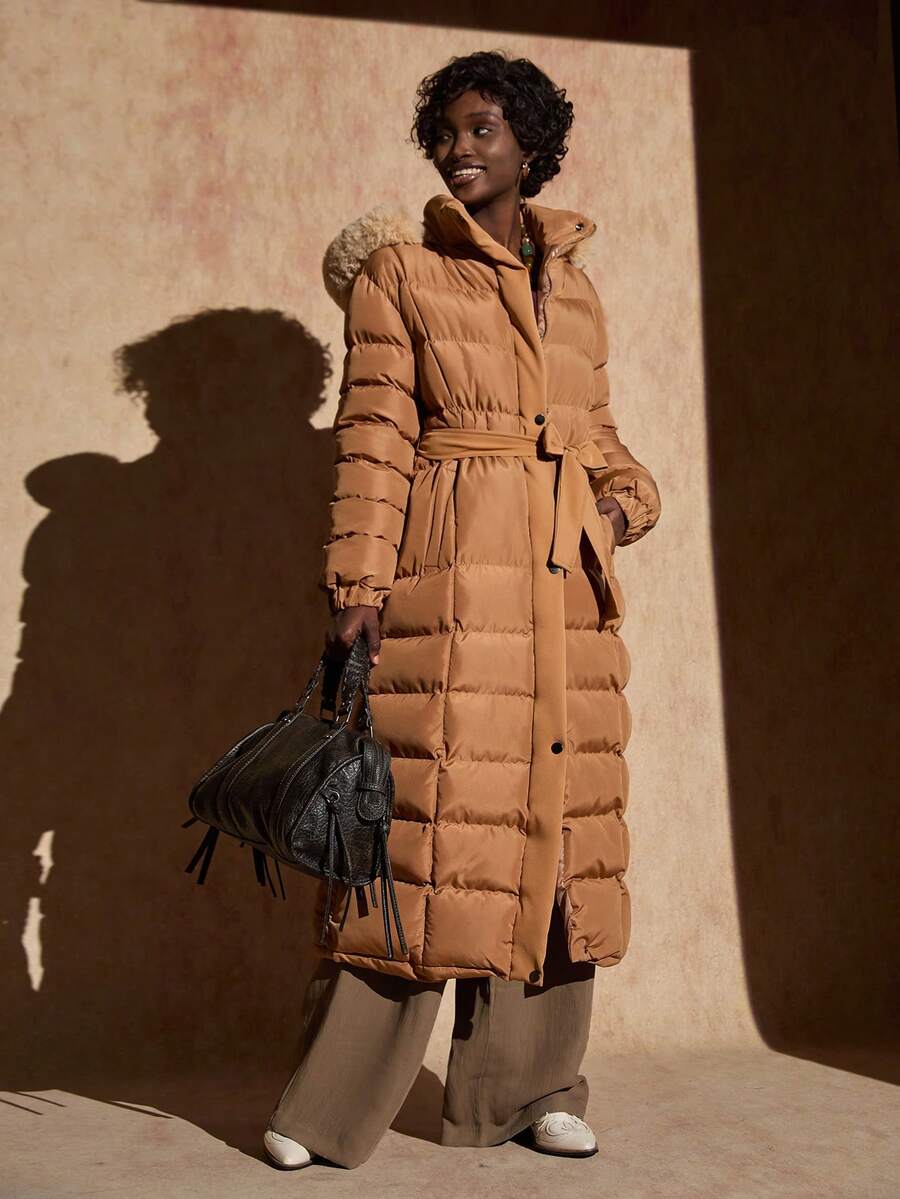 Bóhologie Palton de iarnă căptușit cu buzunar lung și curea pentru femei din blană artificială - Bej - Vizualizare 1