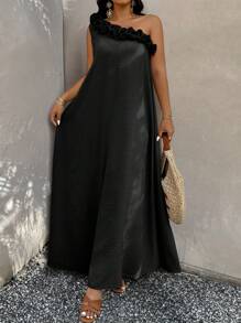 SHEIN Clasi Vestido elegante sin mangas con diseño de volantes de unicolor para mujer de talla grande - Negro - Ver 6