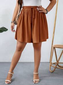 SHEIN LUNE Plus Size Plain Knot Detail Loose Summer Women Casual Shorts Plus Size Shorts High Waist Women Plus Size Shorts Brown Shorts Women Modest Shorts Brown Shorts - Mocha Brown - View 4