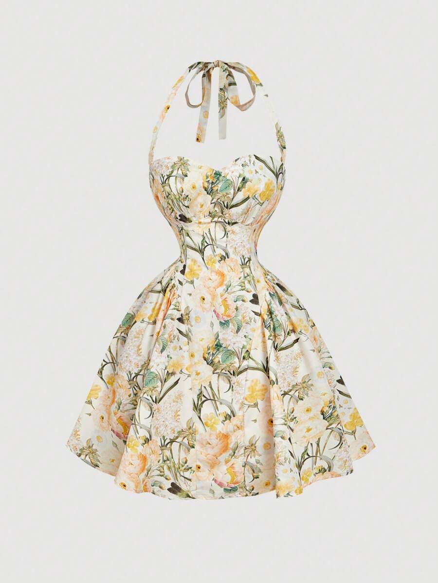 SHEIN MOD 女士浪漫花卉印花吊带连衣裙 - 黃色 - 查看 1