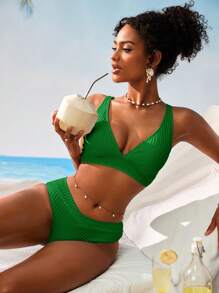 Swim Vcay Women V-Neck Textured Striped Tankini Swimsuit For Summer Beach Vacation - Green - View 5