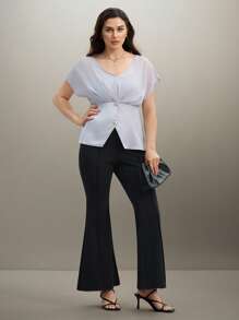 SHEIN Clasi Plus Size Women Satin & Satin Splicing V-Neck Gathered Waist Blouse, Elegant For Party And Work Summer Vacation Wedding Vintage - Blue - View 6