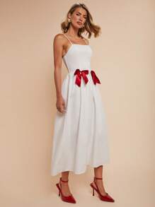 COSMINA 女士优雅度假蝴蝶结吊带连衣裙，春夏女士白色连衣裙，女士生日礼服 - 紅白色 - 查看 4