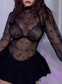 DAZY Plus Size Mesh Bow Print Sheer Sexy Blouse Club Long Sleeve Women Tops,Fall Women Clothes - Black - View 7