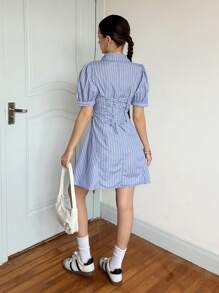 SHEIN Teen Girls Casual Simple Comfortable Polo Collar Puff Sleeve Cinched Waist Back Skater Dress - Baby Blue - View 2