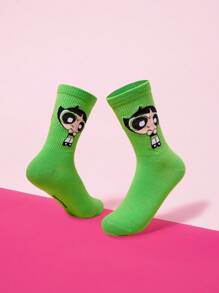 THE POWERPUFF GIRLS X SHEIN 1 Pair Women's Buttercup Pattern Cute Crew Socks - Green - View 4