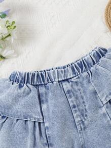Young Girls' Casual Patchwork Denim Shorts, Comfortable Fashionable Summer Holiday Vacation Daily Wear Girls Ruffle Denim Shorts - Light Wash - View 5