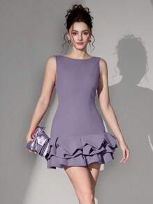 Poshira Vestido corto de punto para mujer con bloques de color negro, sin mangas, espalda descubierta y diseño calado para fiesta