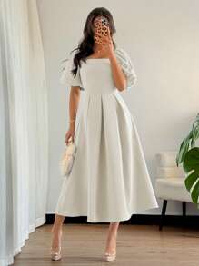 Elenzga 女式法式优雅简约通勤/办公室/商务休闲度假下午茶派对纯色方领荷叶边下摆 A 字泡泡袖短袖连衣裙，春夏