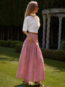 COSMINA Women's Fashion Romantic Sweet Plaid Gingham Print Skirt - Red and White - View 5