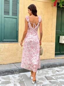 SHEIN VCAY 女式花卉印花露背长款夏季休闲连衣裙，度假风格，梭织图案印花，女士休闲夏季度假装，波西米亚海滩度假装，波西米亚风，乡村音乐会装，节日庆典装，女士海滩装，女士夏季装，女士复古风，毕业装，夏季太阳裙，女士生日礼服 - 彩色 - 查看 2