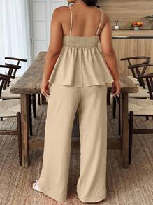 SHEIN Clasi Plus Size Summer Solid Ruffled Hem Camisole And Pants Two Pieces Casual Set - Khaki - View 2
