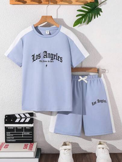 SHEIN Leap Crew 2 件青少年男孩休闲撞色学院风圆领短袖短裤套装，字母印花，适合通勤、学校、日常休闲装、运动、春夏季